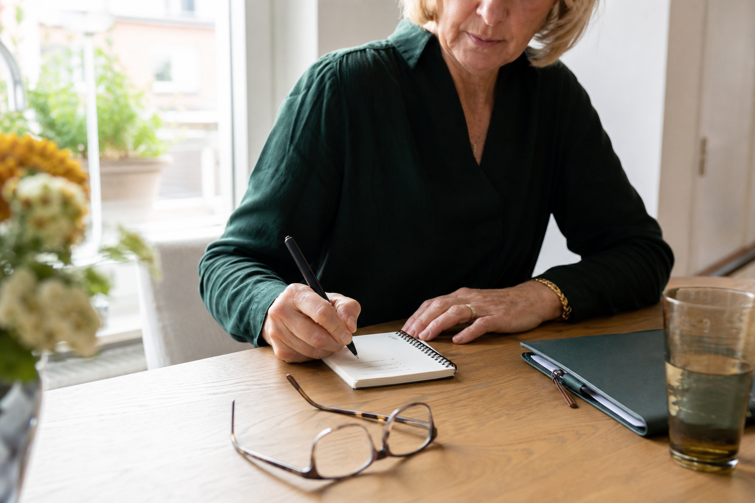Een vrouw schrijft thuis vragen op voor een zorggesprek