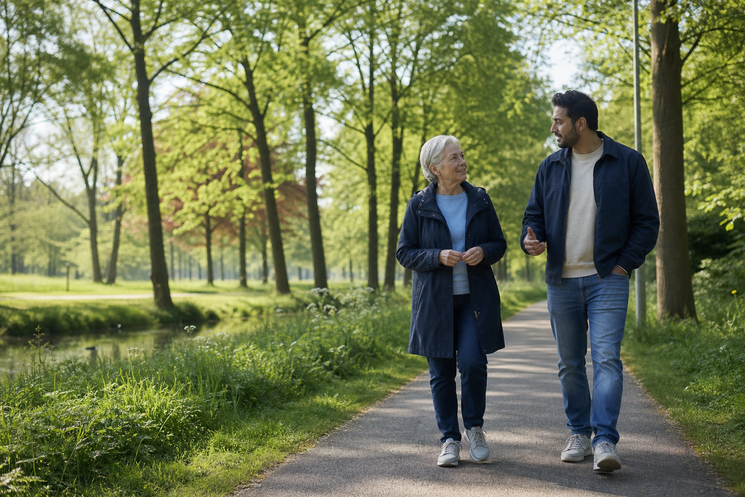 Twee volwassenen wandelen door een groen stadspark
